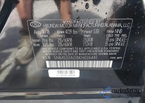 2019 Hyundai Santa Fe Sel Plus from USA, damaged, VIN 5NMS33AD8KH026481